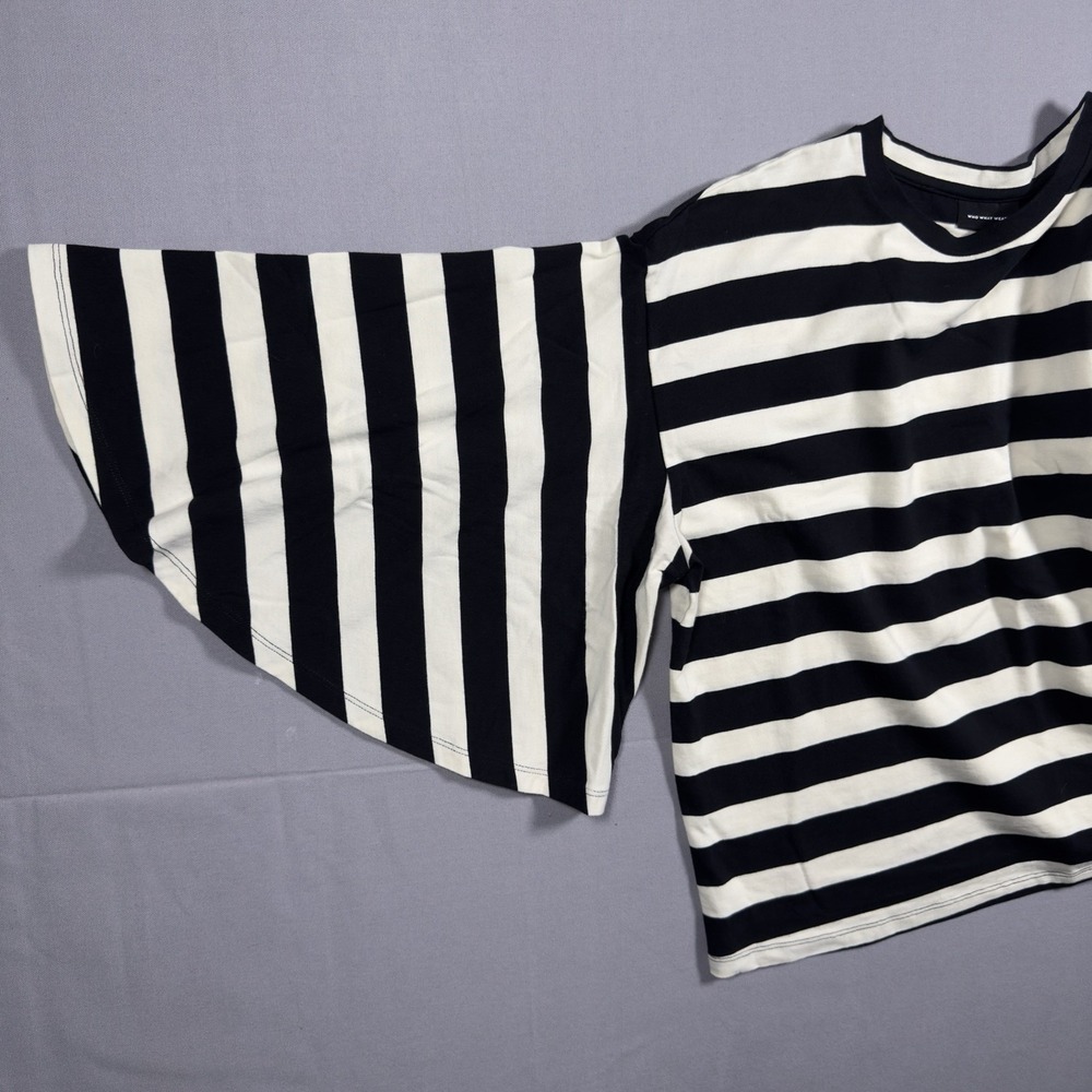 Who What Wear Womens L Black White Stripe Bell Sleeve Cotton Top Shirt - Picture 3 of 6